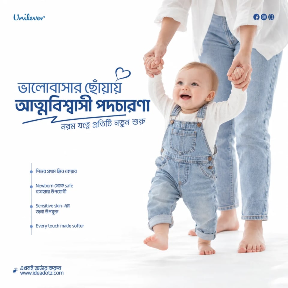 A heartwarming Unilever poster showing a mother holding the hands of her smiling baby who is taking steps in denim overalls, with Bengali typography emphasizing confident steps and gentle care.