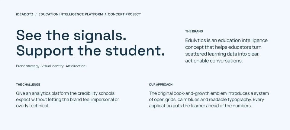 The brand story presentation slide for Edulytics, detailing the concept of an education intelligence platform with the headline "See the signals. Support the student." against a light blue background.