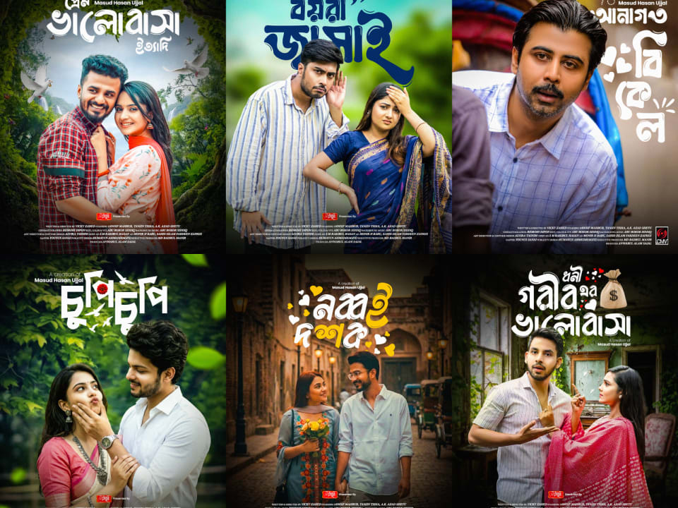 A grid collage displaying six colorful and expressive promotional posters for various Bengali Eid Natoks, showcasing diverse themes from romance to comedy.