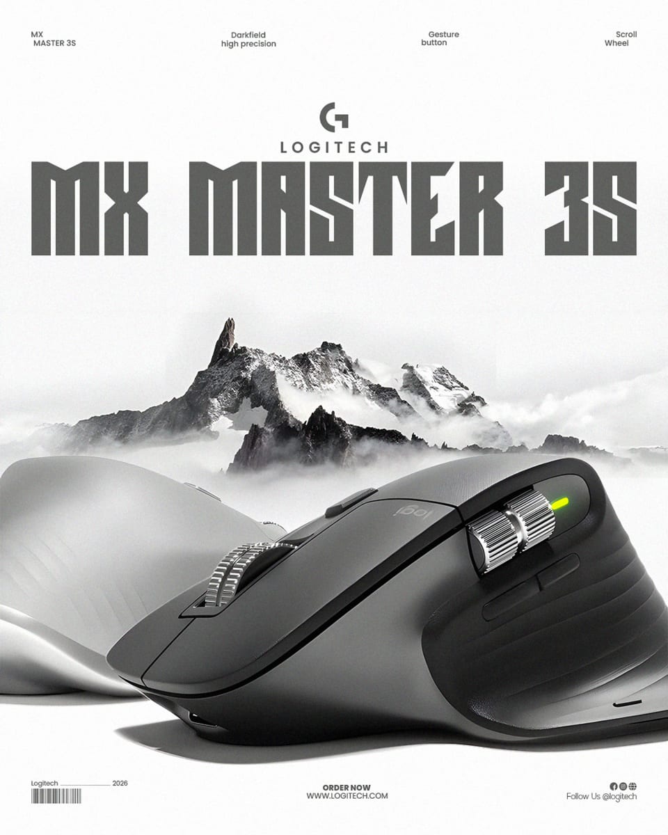 A grey Logitech MX Master 3S wireless mouse displayed prominently against a striking backdrop of a snow-capped mountain peak.