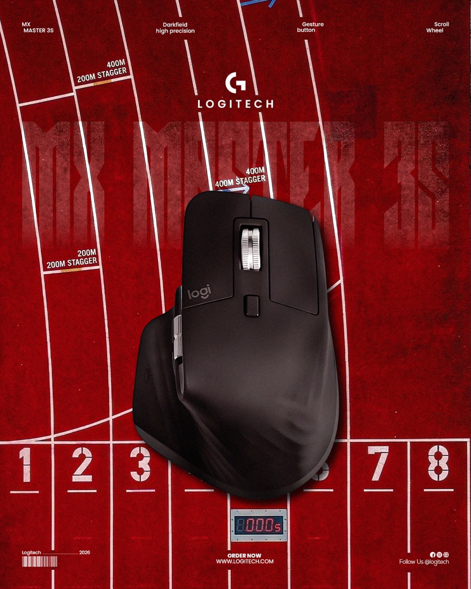 A black Logitech MX Master 3S mouse placed on a red athletic running track with white lane markings and a digital stopwatch timer.