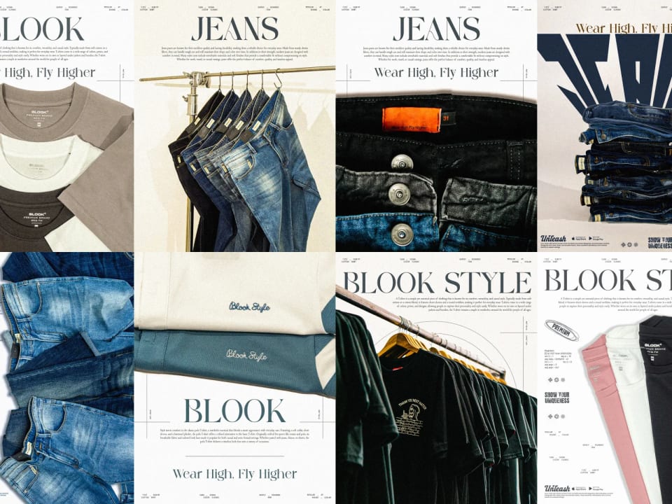 A comprehensive collection of eight Blook Style fashion advertisement concepts arranged in a collage, displaying premium denim textures, stacked jeans, and t-shirts with modern editorial typography.