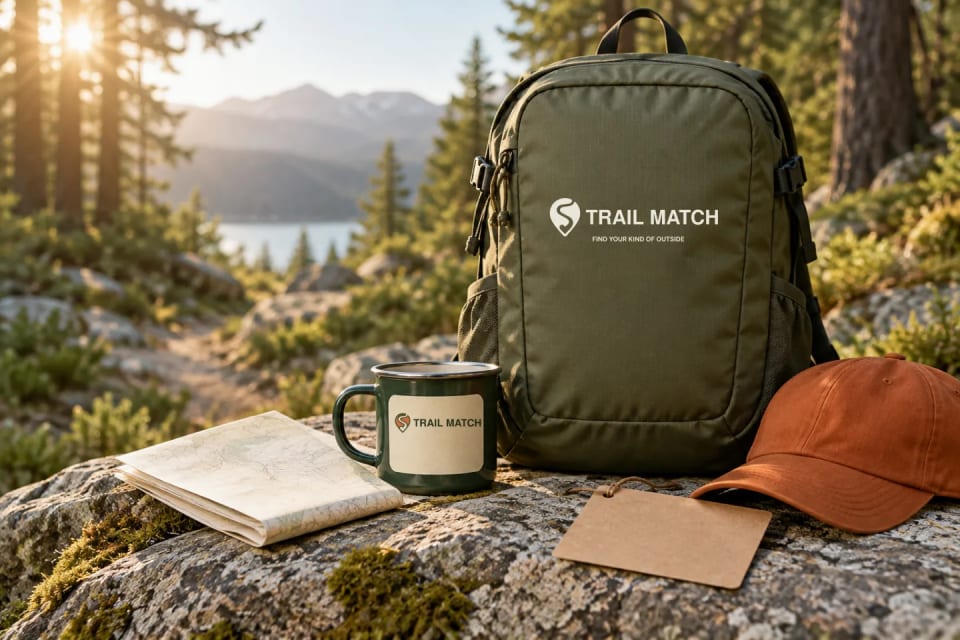 The main cover image for the Trail Match brand project, displaying a branded olive green backpack, an orange cap, a folded map, and a green camping mug resting on a rock overlooking a scenic mountain lake at sunset.