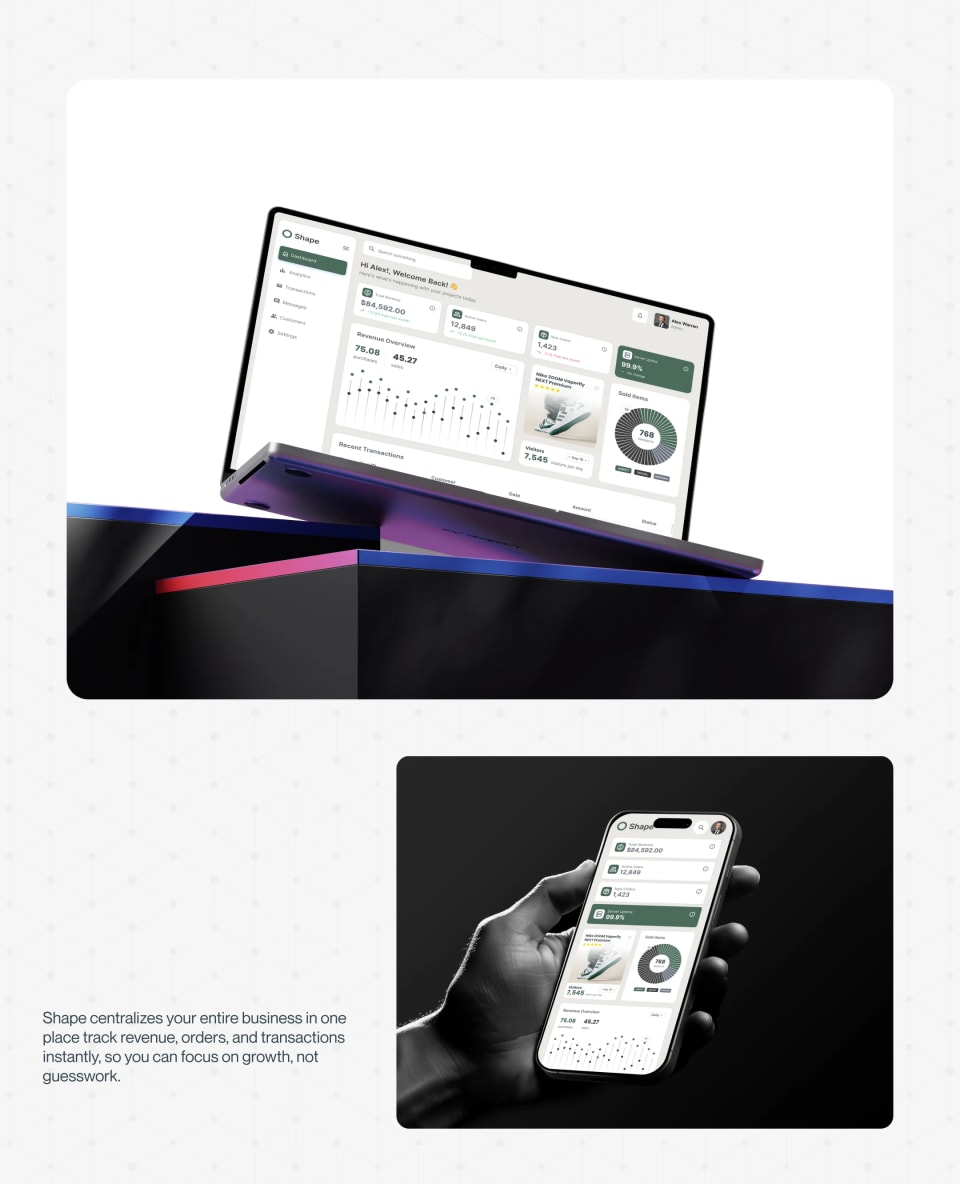 A dual-mockup presentation showing the Shape dashboard on a laptop hovering over abstract geometric blocks, and on a mobile phone held in a hand against a dark background, emphasizing centralized business tracking.