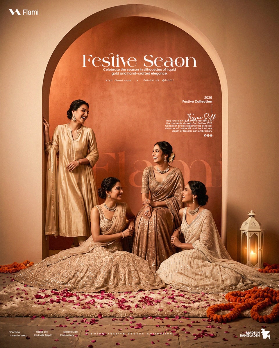 Four female models wearing golden tissue silk lehengas and kurtas from the Flami 2026 Festive Season collection, gathering gracefully in an arched doorway with rose petals.