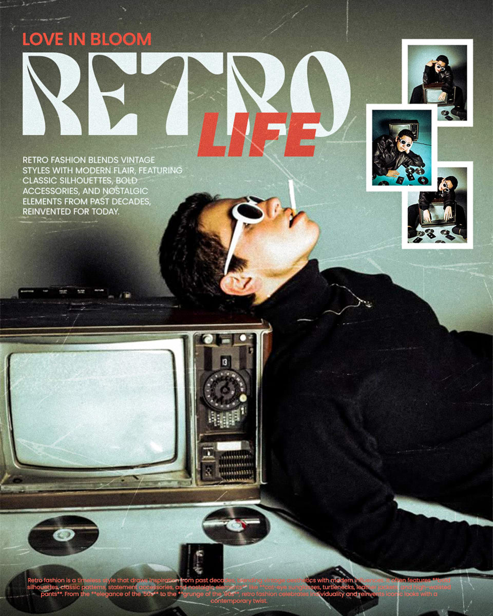 A vintage-themed fashion poster titled "Retro Life," featuring a model in a black turtleneck and white retro sunglasses lying next to an old television set and scattered CDs, with a slightly grainy, nostalgic aesthetic.