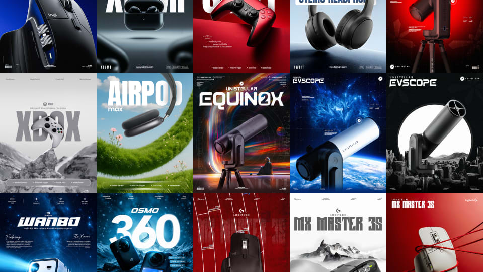 A grid collage of premium tech gadget advertisement posters, featuring products such as Logitech wireless mice, PlayStation and Xbox gaming controllers, Unistellar smart telescopes, headphones, and a Xiaomi projector.