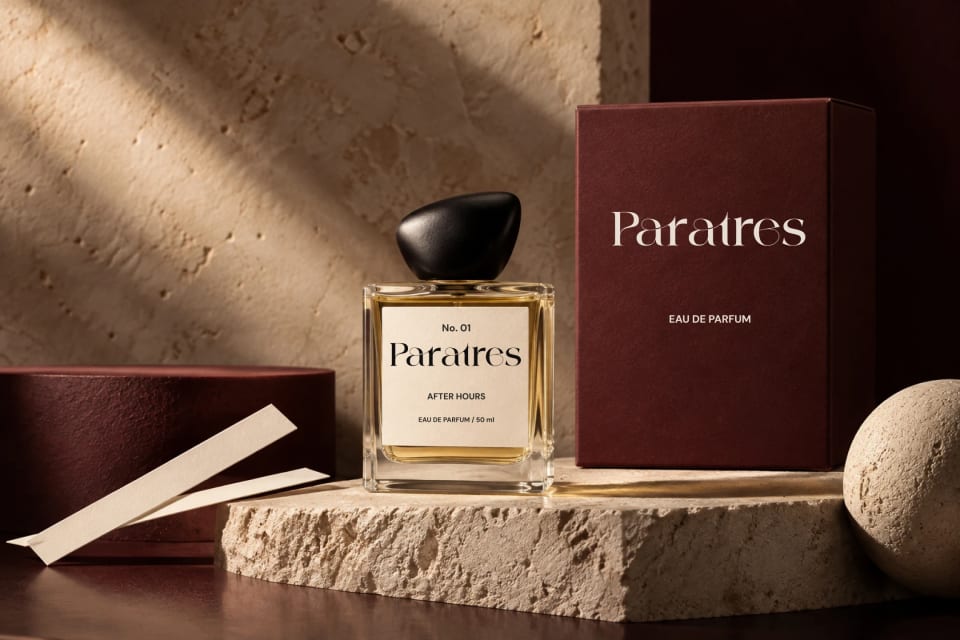 A luxurious product shot of the Paratres No. 01 After Hours perfume bottle, featuring an asymmetrical black cap, resting on a textured stone block next to an Oxblood box and scent strips.