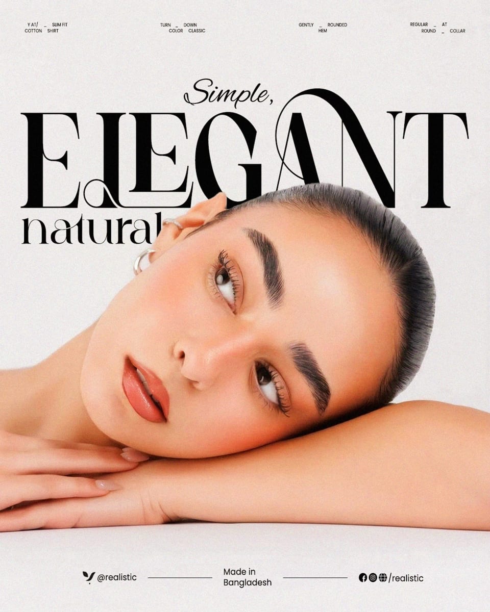 An elegant beauty advertisement showing a close-up of a female model with natural makeup resting her head on her arm, accompanied by the text "Simple, ELEGANT natural."