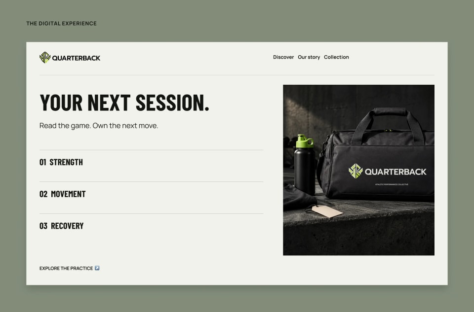 A clean, athletic website interface mockup for the Quarterback brand, displaying the bold headline "YOUR NEXT SESSION." and listing training options like "01 STRENGTH" and "02 MOVEMENT," alongside a product photo of their black duffel bag and water bottle.