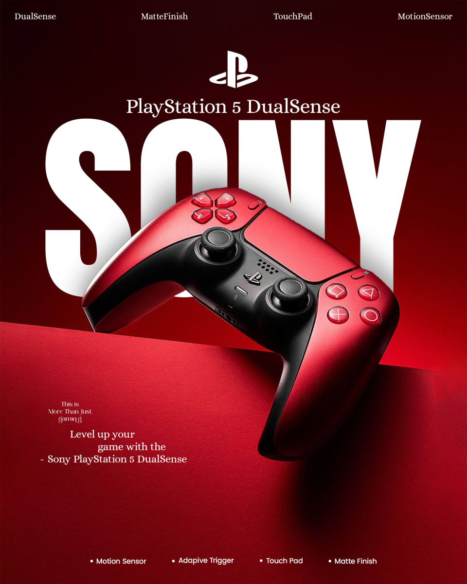 A striking, vibrant red advertisement poster featuring a red Sony PlayStation 5 DualSense wireless controller resting on a geometric surface, backed by large white "SONY" typography.