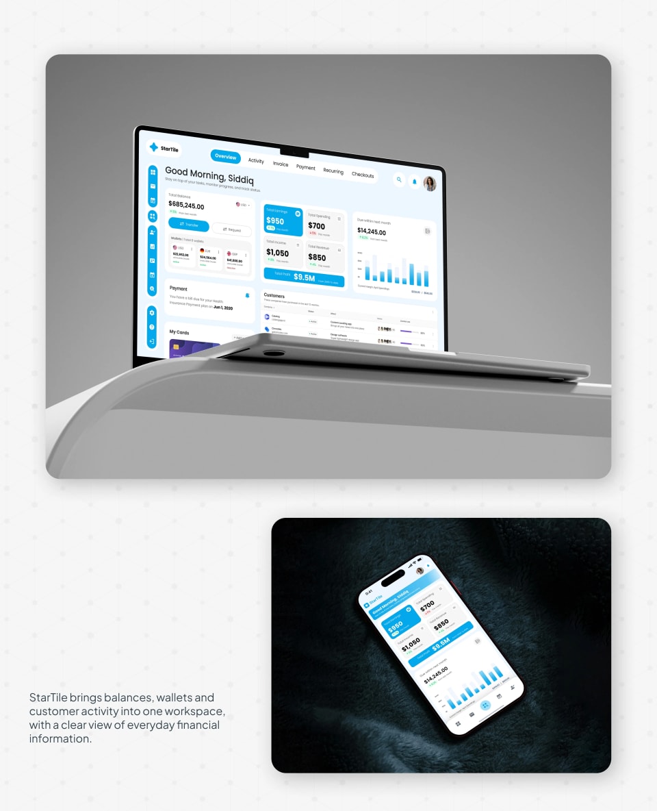 A dual-image layout featuring a laptop hovering above a modern white desk and a mobile phone displaying the StarTile app resting on a dark, textured surface.