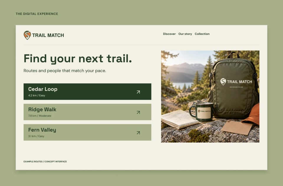 A clean website interface mockup for Trail Match, featuring the headline "Find your next trail." alongside selectable route options like "Cedar Loop" and "Ridge Walk," paired with an image of a branded green backpack in nature.