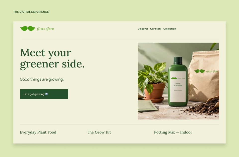 A clean website interface mockup for the Green Guru plant care brand, displaying the headline "Meet your greener side." alongside a "Let's get growing" button and a product photo of their plant food and potting mix.