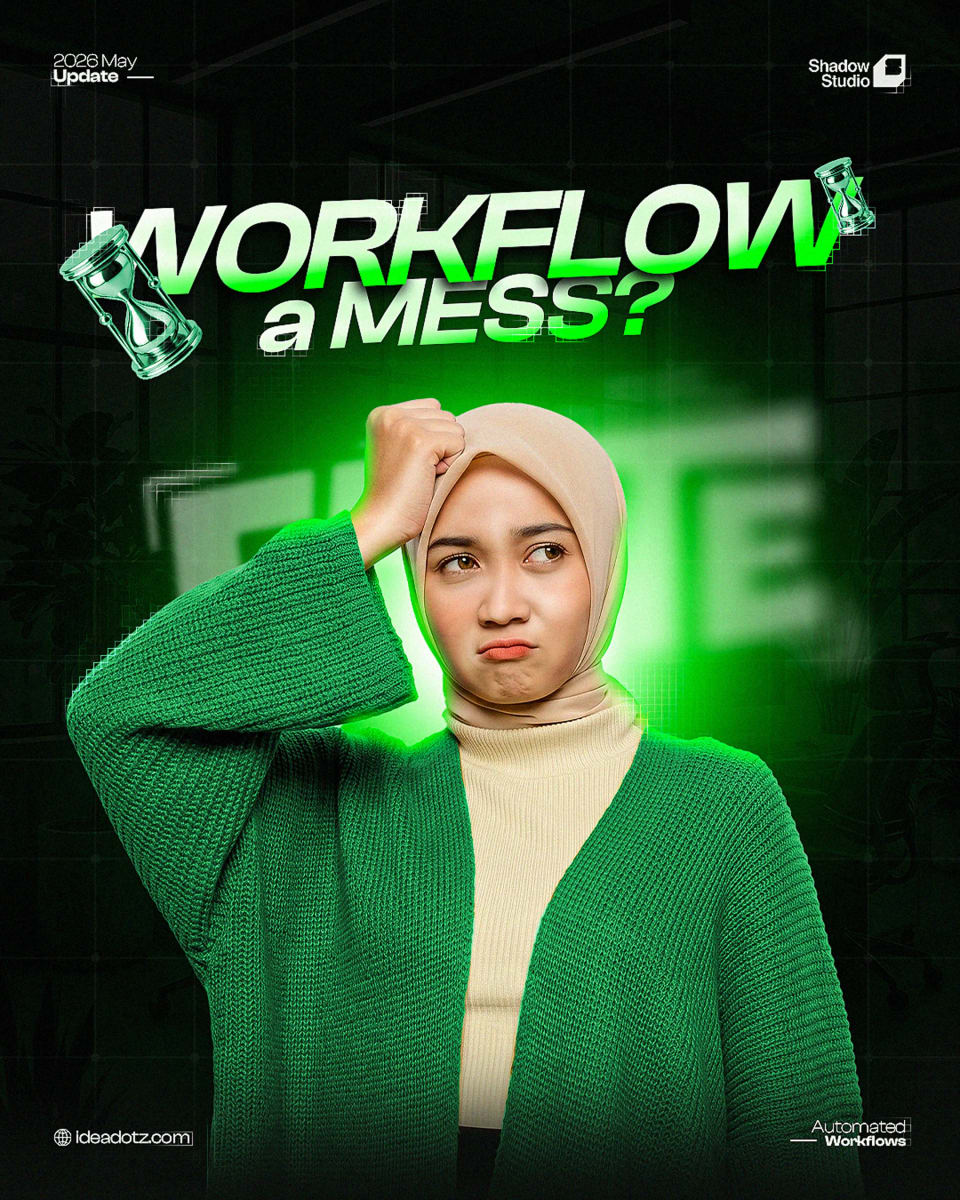 A striking green poster showing a confused-looking woman in a beige hijab scratching her head, set below the large, bold headline "WORKFLOW a MESS?" accompanied by floating hourglass icons.