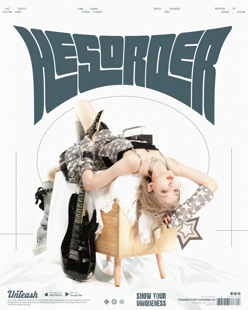 A rebellious fashion poster for "Hesorder," featuring a female model in a star-patterned outfit lying backwards over a small wooden cabinet, with a black electric guitar resting next to her.