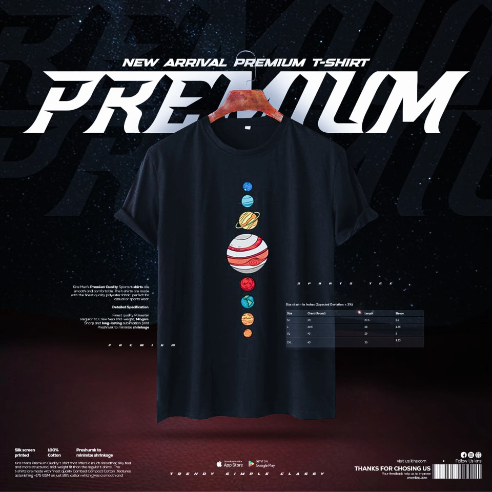 A sleek black sports t-shirt displaying a colorful vertical alignment of planets, hanging against a dark, cosmic background featuring large white "PREMIUM" text.