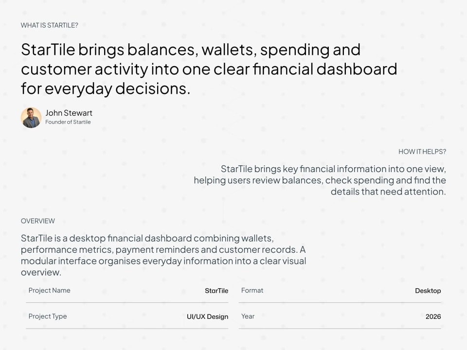 A project overview presentation slide for StarTile, detailing its function as a desktop financial dashboard and featuring a testimonial from Founder John Stewart.