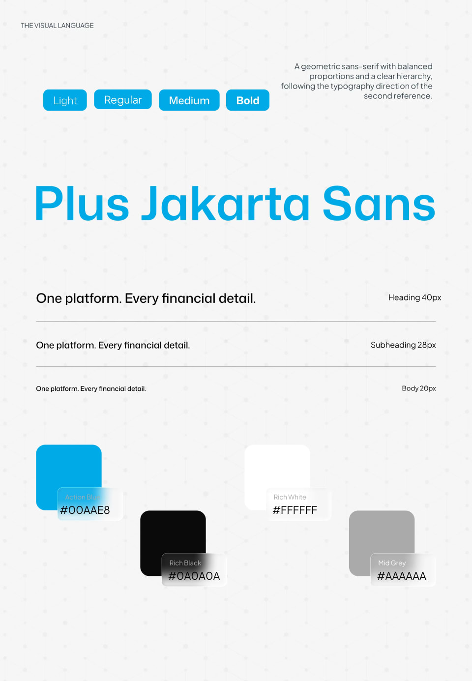 A visual language guide for StarTile, detailing the use of the "Plus Jakarta Sans" typeface and a color palette featuring Action Blue, Rich Black, Rich White, and Mid Grey.