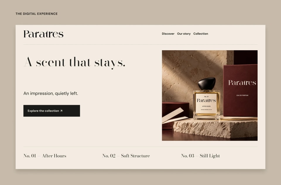 An elegant website interface mockup for the Paratres fragrance house, displaying the headline "A scent that stays." alongside an "Explore the collection" button and a luxurious product photo of the No. 01 After Hours perfume.