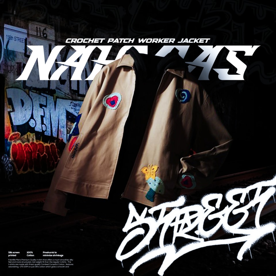A bold streetwear fashion poster featuring a tan "Crochet Patch Worker Jacket" decorated with colorful crocheted shapes, set in a gritty urban environment with graffiti, train tracks, and stylized "STREET" typography.