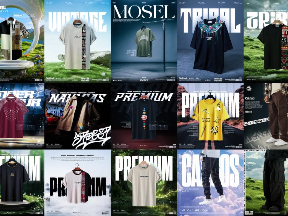 A large grid collage compiling various streetwear and premium apparel advertisement posters, featuring t-shirts, cargo pants, and custom jackets presented in creative, diverse digital environments.
