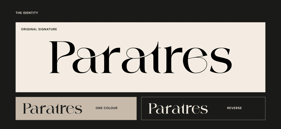 The visual identity presentation for Paratres, showcasing a sophisticated serif wordmark with flowing, intertwined ligatures, displayed in black, beige, and white variations.