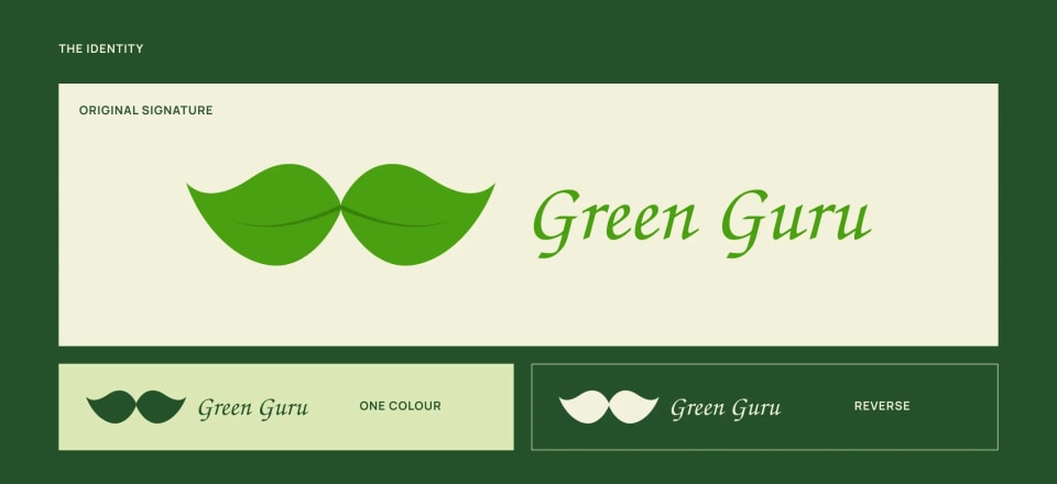 The visual identity presentation for Green Guru, showcasing the primary logo featuring a green leaf shaped like a moustache alongside an elegant, flowing wordmark, including single-color and reversed variations.