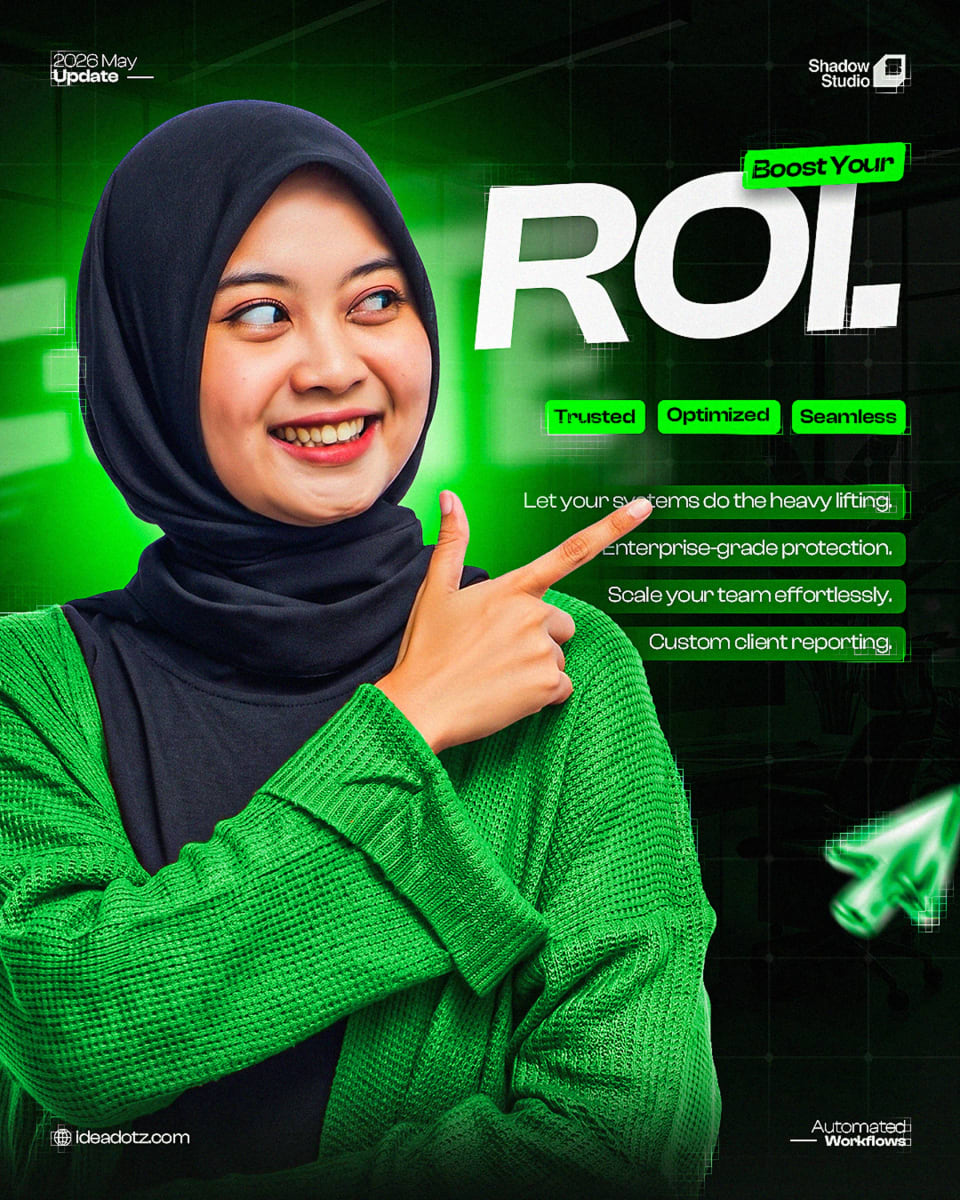 A promotional poster displaying a smiling woman in a black hijab and green sweater pointing towards the large, glowing white text "Boost Your ROI.", set against a neon green background with text highlighting enterprise-grade protection and custom reporting.