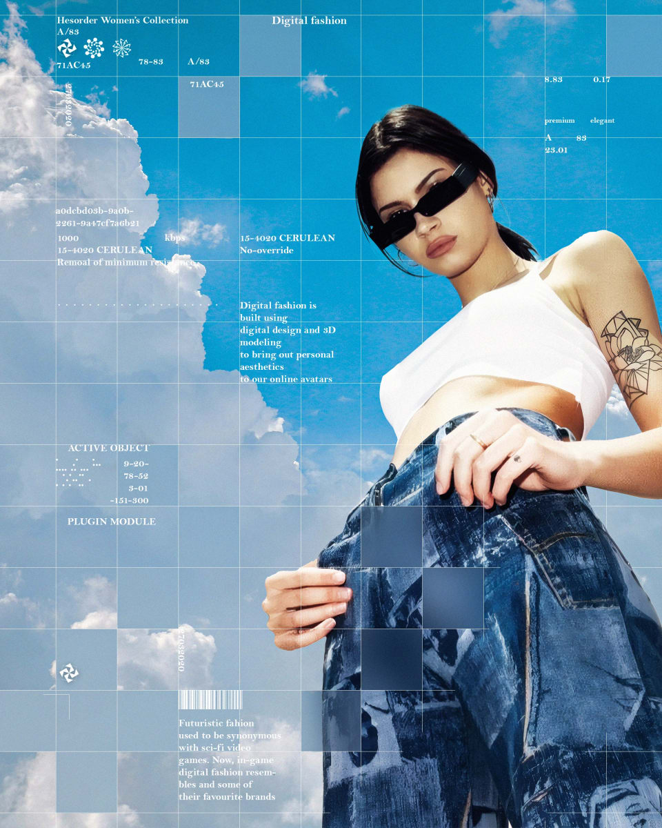 A digital fashion poster displaying a female model in a white crop top and baggy jeans against a bright blue sky, overlaid with intricate white digital grid lines, technical text, and glitch effects.