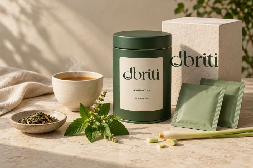 The main cover image for the Dhriti brand project, showing a dark green tin of "Morning Tulsi" botanical tea, individual green tea sachets, and a steaming cup of tea next to fresh basil leaves and lemongrass, illuminated by warm sunlight.