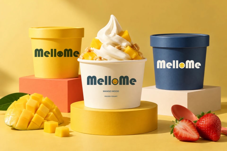 The main cover image for the MelloMe brand project, displaying a large cup of vanilla frozen yogurt topped with mango and granola, flanked by yellow and blue branded tubs on geometric blocks, surrounded by fresh fruit.