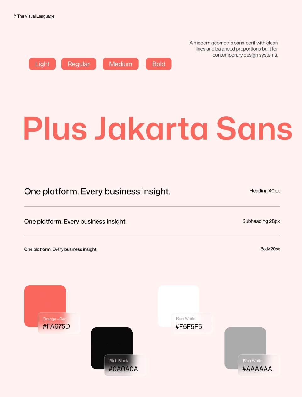 A design system guide titled "The Visual Language" for Vitalyx, detailing the use of the "Plus Jakarta Sans" geometric sans-serif typeface and a color palette featuring Orange-Red, Rich Black, and Rich White.