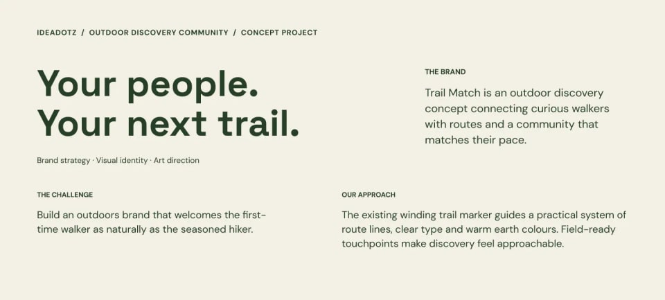 The brand story presentation slide for Trail Match, detailing the concept of connecting curious walkers, the challenge of building a welcoming outdoors brand, and the approach of using warm earth colors and clear type.