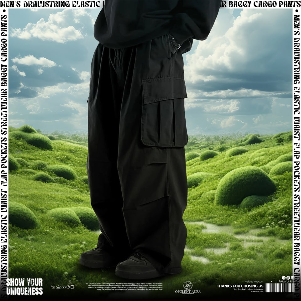 A streetwear poster showing a model wearing black drawstring elastic waist baggy cargo pants, standing in a surreal, hilly green landscape under a cloudy sky.