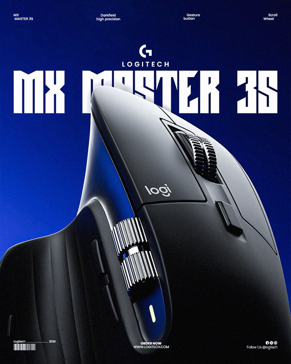 A close-up shot of a black Logitech MX Master 3S mouse, highlighting its metallic scroll wheels against a smooth, dark blue background.