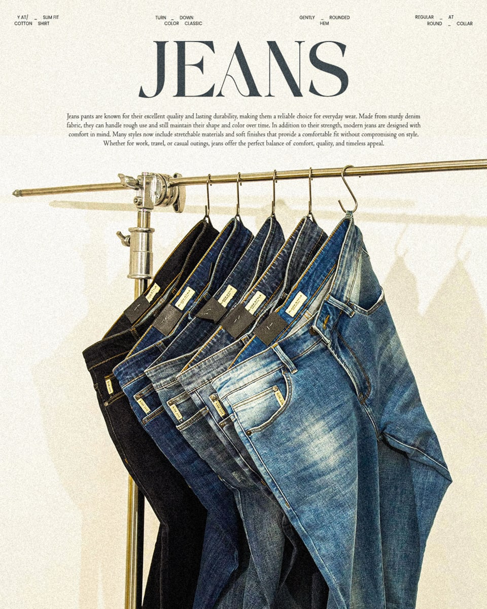 A clothing rack displaying multiple pairs of blue and black Blook jeans hanging neatly in a bright, clean apparel advertisement.