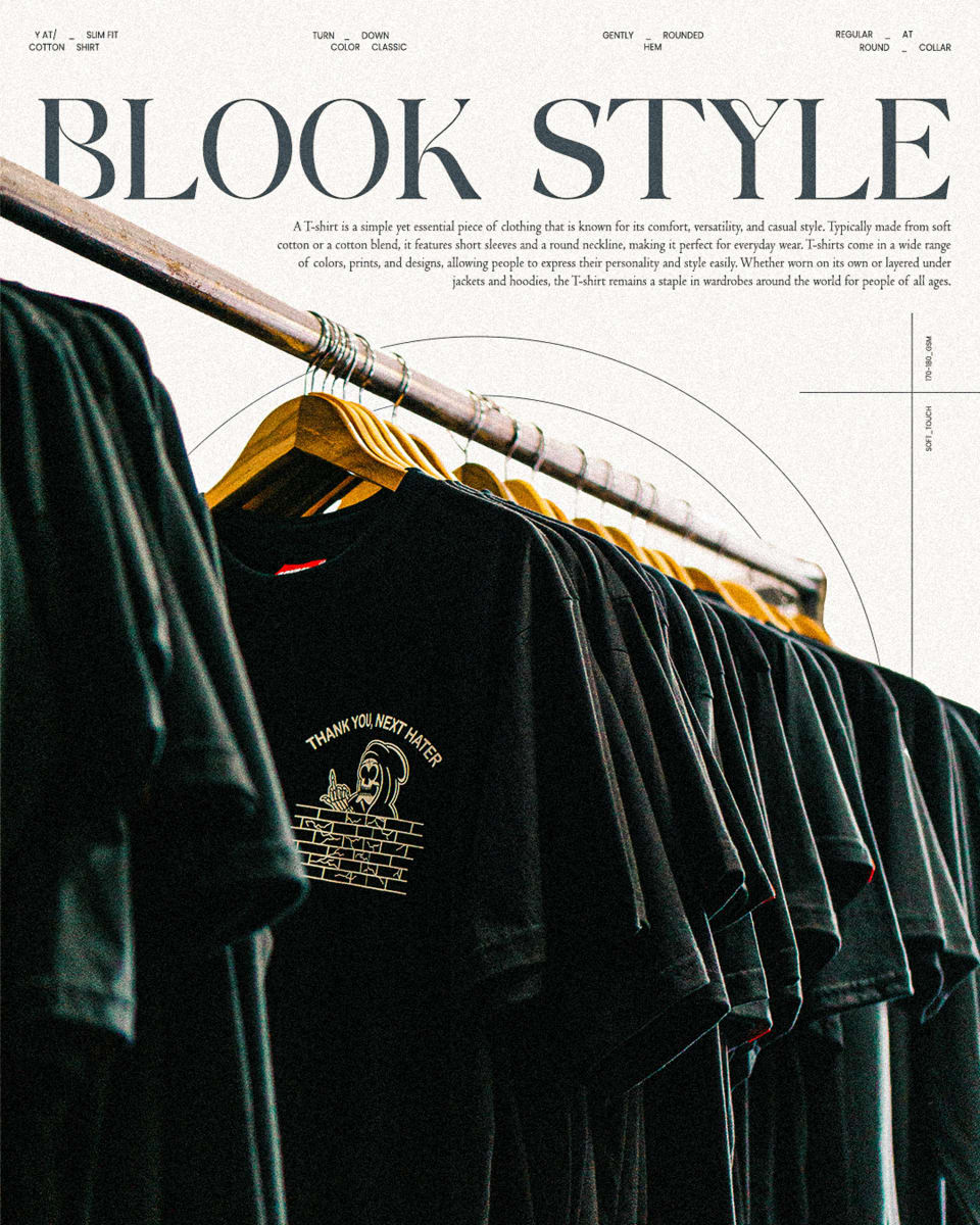 A row of black Blook Style t-shirts hanging on wooden hangers, with the front shirt displaying a graphic skeleton design reading "THANK YOU, NEXT HATER."