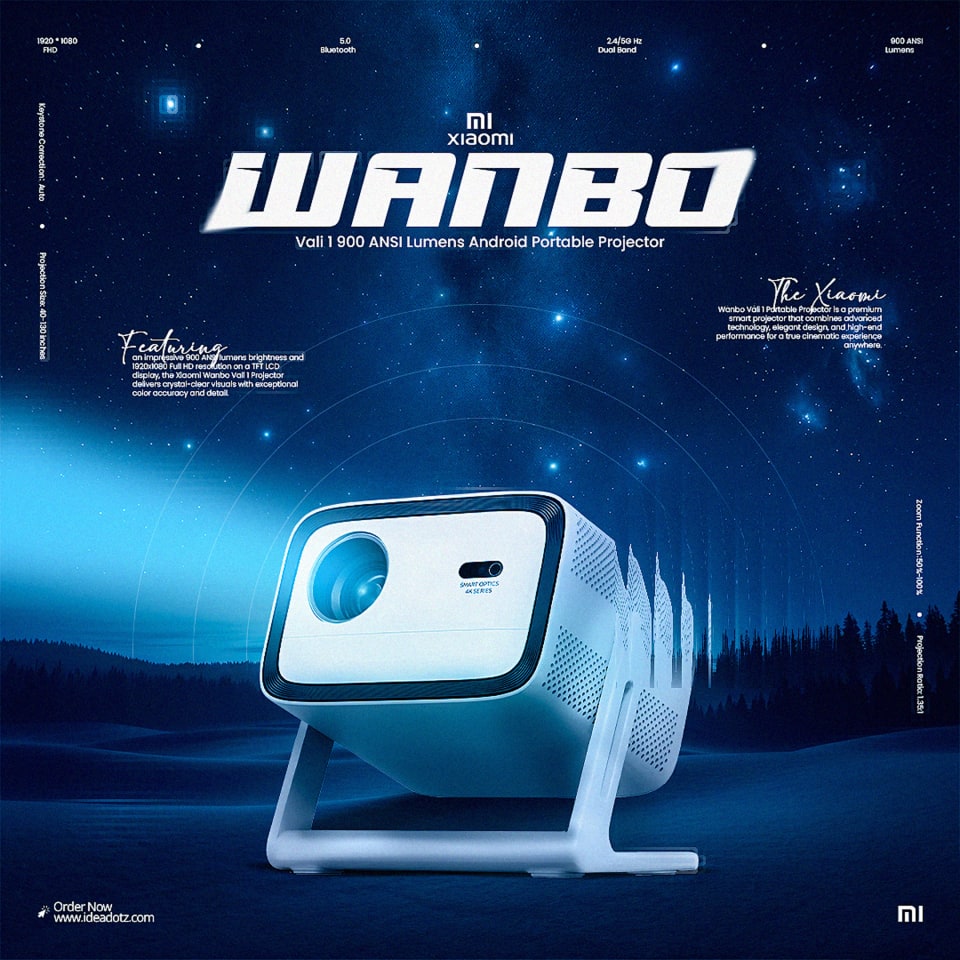 A white Xiaomi Wanbo Vali 1 portable projector showcased in a serene nighttime setting under a glowing blue starry sky.