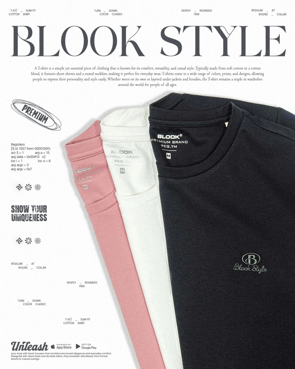 A colorful display of folded pink, white, and black Blook Style t-shirts arranged diagonally on a textured background with bold typography.
