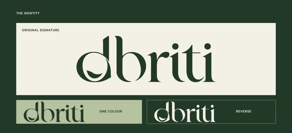 The visual identity presentation for Dhriti, showcasing the original flowing signature logo where the 'd' incorporates a subtle leaf motif, alongside single-color and reversed logo variations on a dark green background.