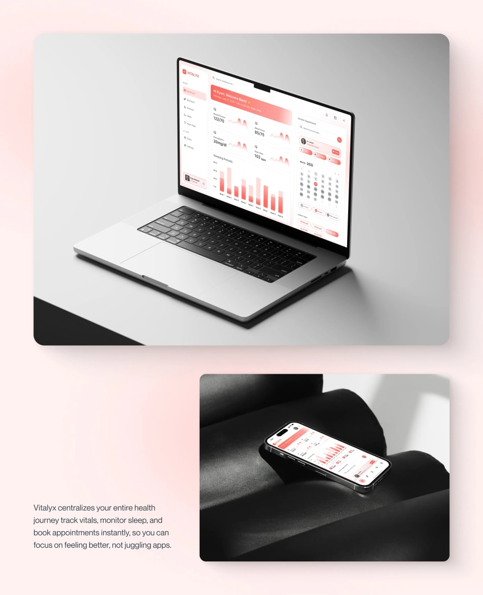 A dual-image layout featuring a silver laptop rendering the Vitalyx dashboard on a clean desk, and a mobile phone displaying the app while resting on a dark, curved leather surface.