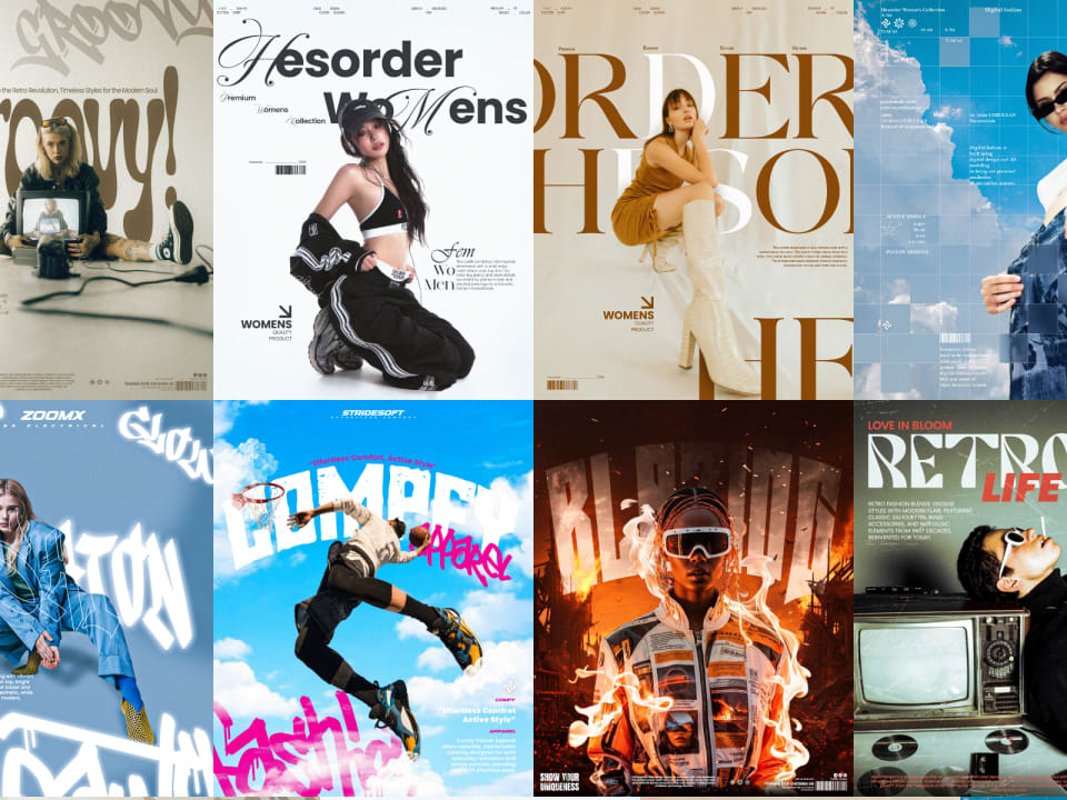 A grid collage of eight urban fashion and streetwear advertisement posters, featuring diverse styles including retro aesthetics, Y2K streetwear, cyberpunk themes, and athletic apparel concepts.