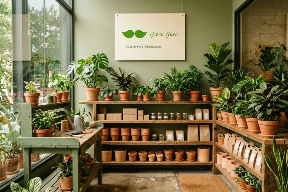 A lush, plant-filled retail shop environment for Green Guru, featuring wooden shelves stocked with terracotta pots, green bottles, and brown paper bags, beneath a large hanging sign displaying the leaf-moustache logo.