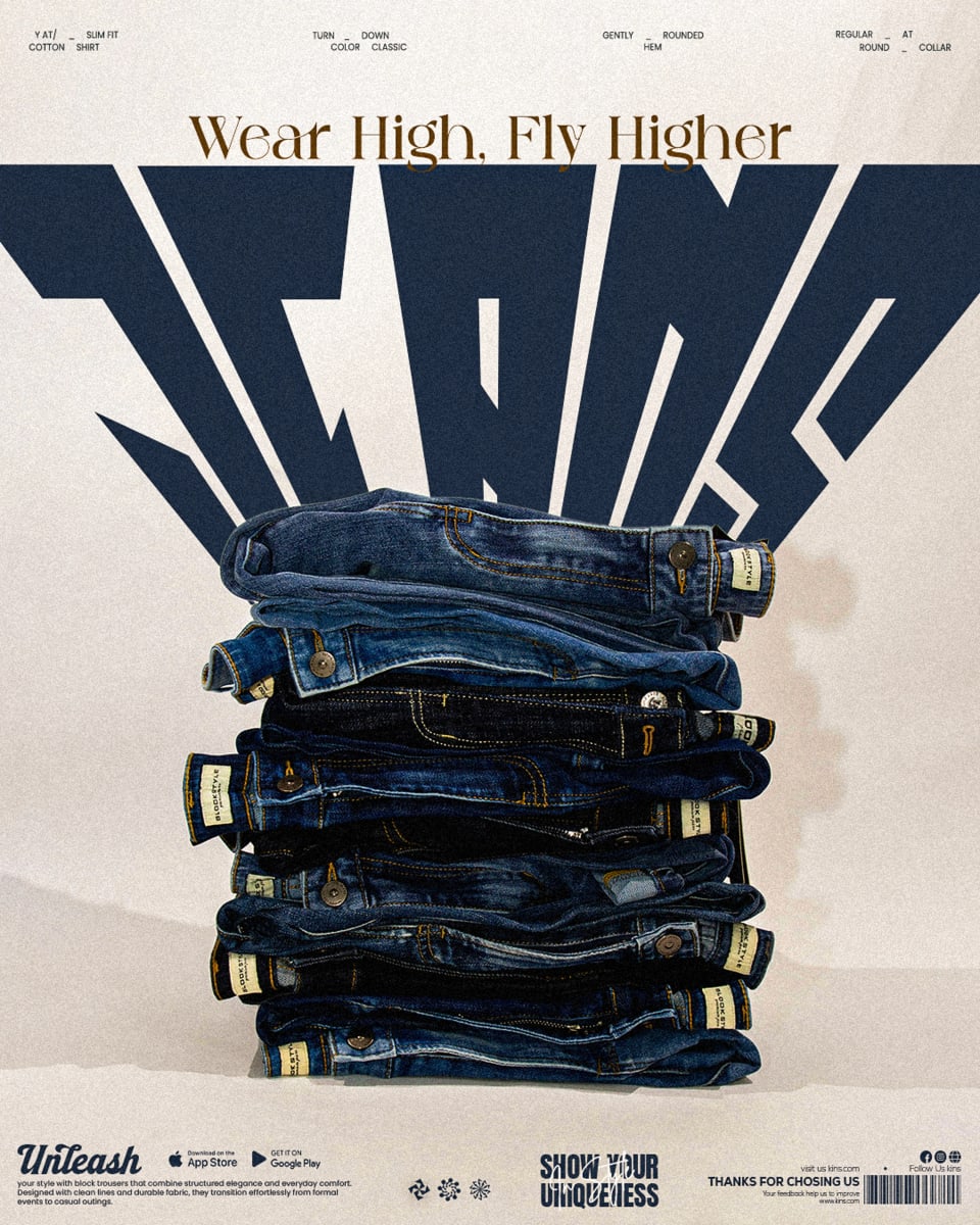 A neat stack of folded blue jeans placed beneath large, bold blue typography reading "JEANS" in a modern fashion poster layout.