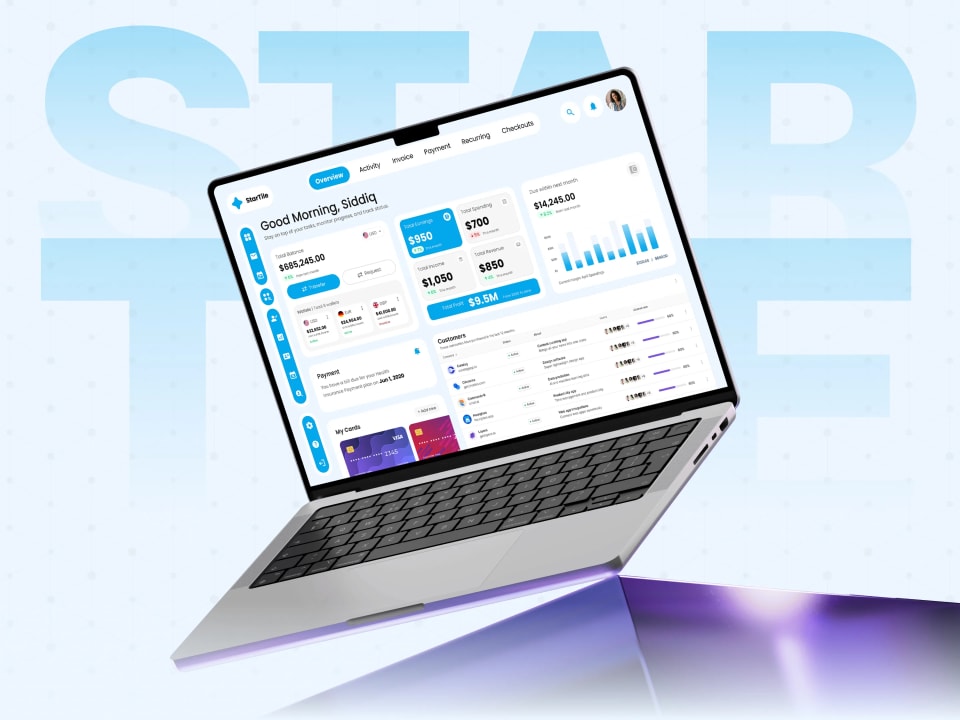 A dynamic, angled laptop mockup displaying the full StarTile financial dashboard, set against a light background with large, faint blue typography spelling out the brand name.