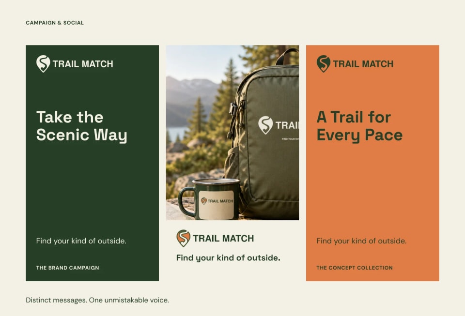 A three-panel layout showcasing the Trail Match campaign style, featuring bold text blocks in Forest green and Trail Orange flanking a central image of a branded green backpack and camping mug in nature.