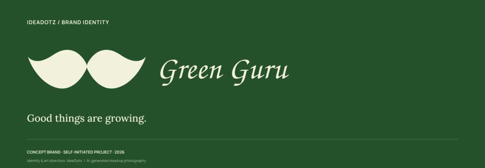 The closing presentation slide for the Green Guru brand identity, featuring the white leaf-moustache logo and the tagline "Good things are growing." set against a solid dark Garden green background.