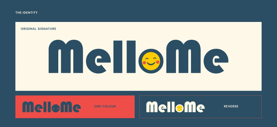 The visual identity presentation for MelloMe, showing the main wordmark logo where the letter 'o' is replaced by a yellow smiley face, along with single-color and reversed logo variations.