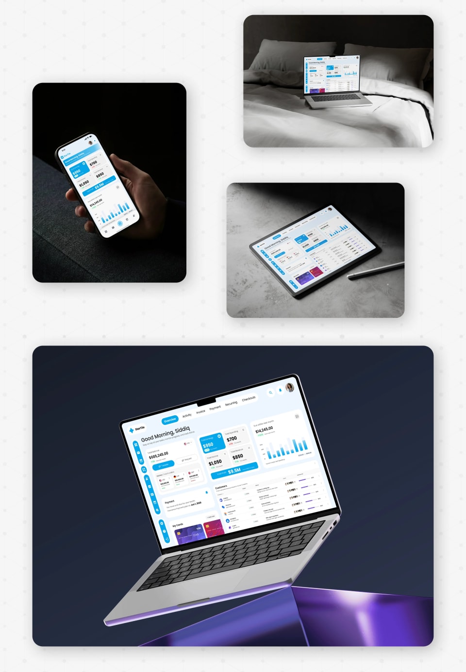 An asymmetric gallery of mockups displaying the responsive StarTile interface on a mobile phone, a laptop on a bed, a tablet with a stylus, and a dynamically floating laptop.